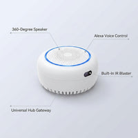 Smart Home Hub with Speaker | Universal Remote Control | with IR Blaster, Alexa Built-In | App/Voice Controller | for Alarm System, AVS Gateway — Feature Infographic