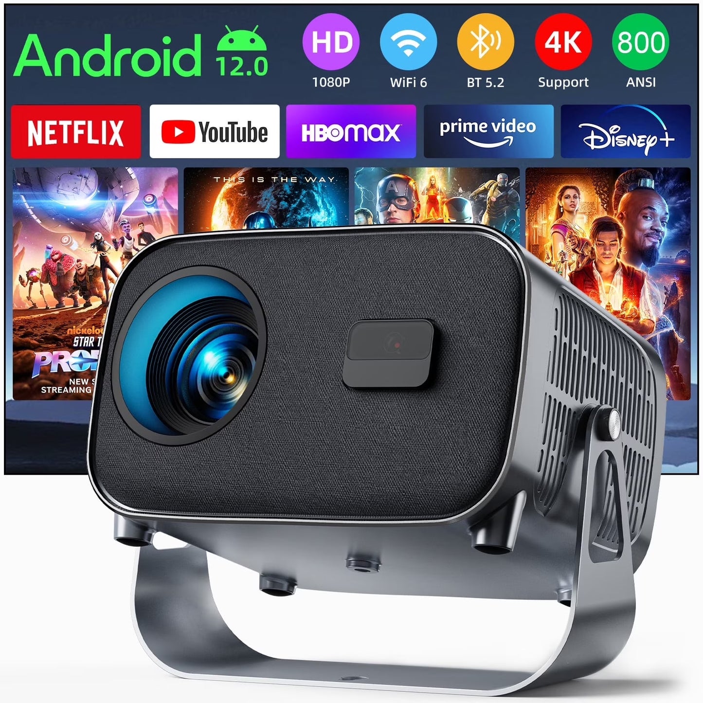 Smart Projector, Native 1080P with 4K Support, Wifi Bluetooth, Auto Focus, Keystone Correction, 360° Stand, 300'' Display for Home Theater