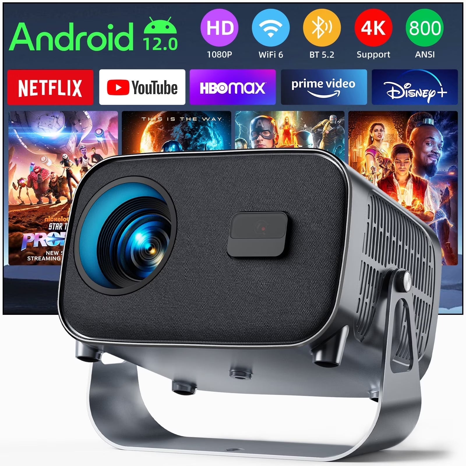 Smart Projector, Native 1080P with 4K Support, Wifi Bluetooth, Auto Focus, Keystone Correction, 360° Stand, 300'' Display for Home Theater
