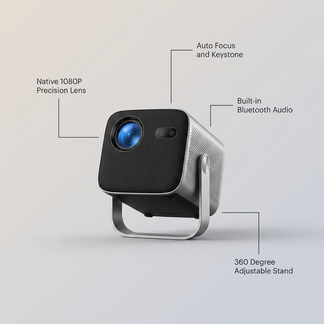Smart Projector, Native 1080P with 4K Support, Wifi Bluetooth, Auto Focus, Keystone Correction, 360° Stand, 300'' Display for Home Theater — Feature Infographic